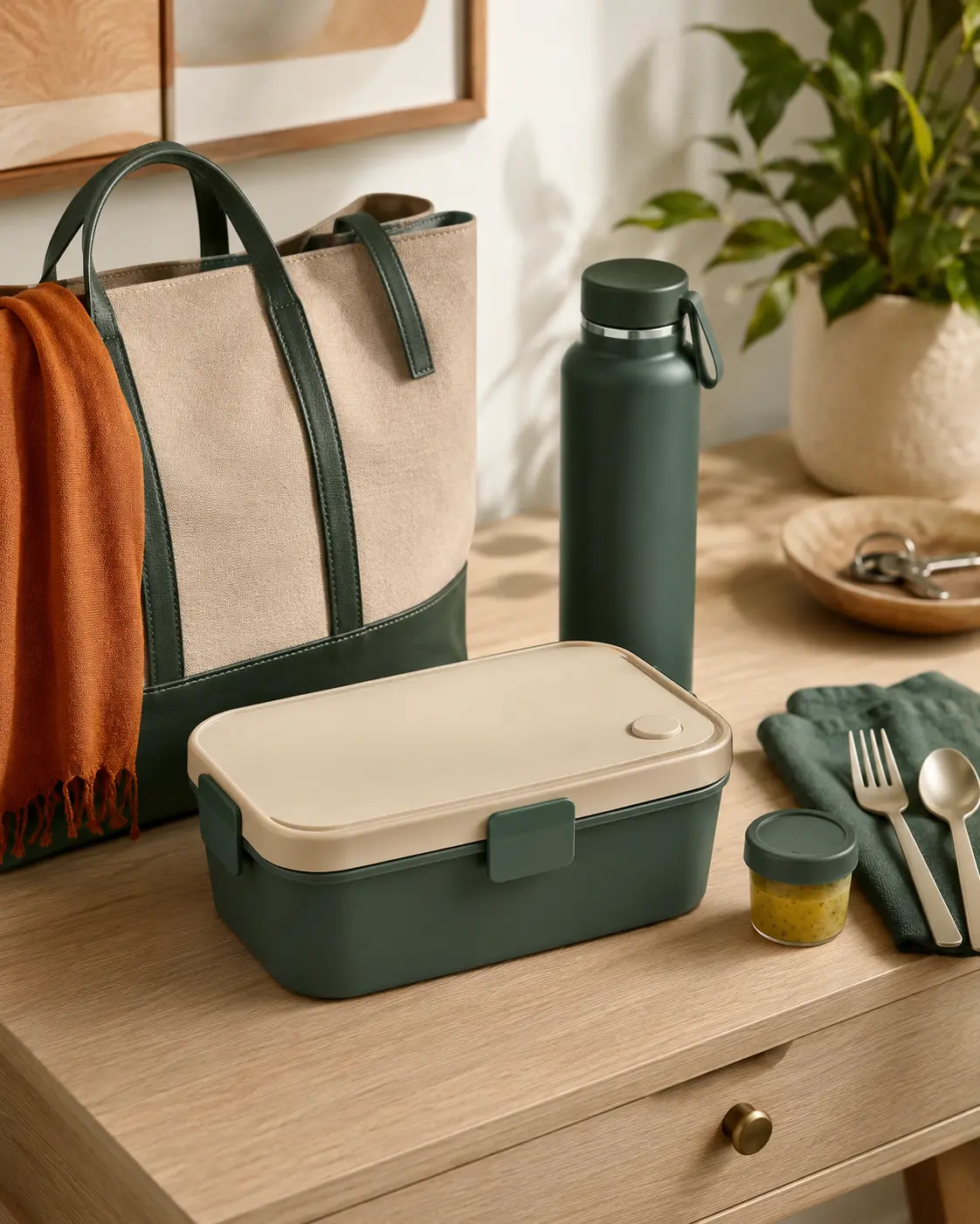 Lunch box, bottle, cutlery and dressing jar ready by a work bag