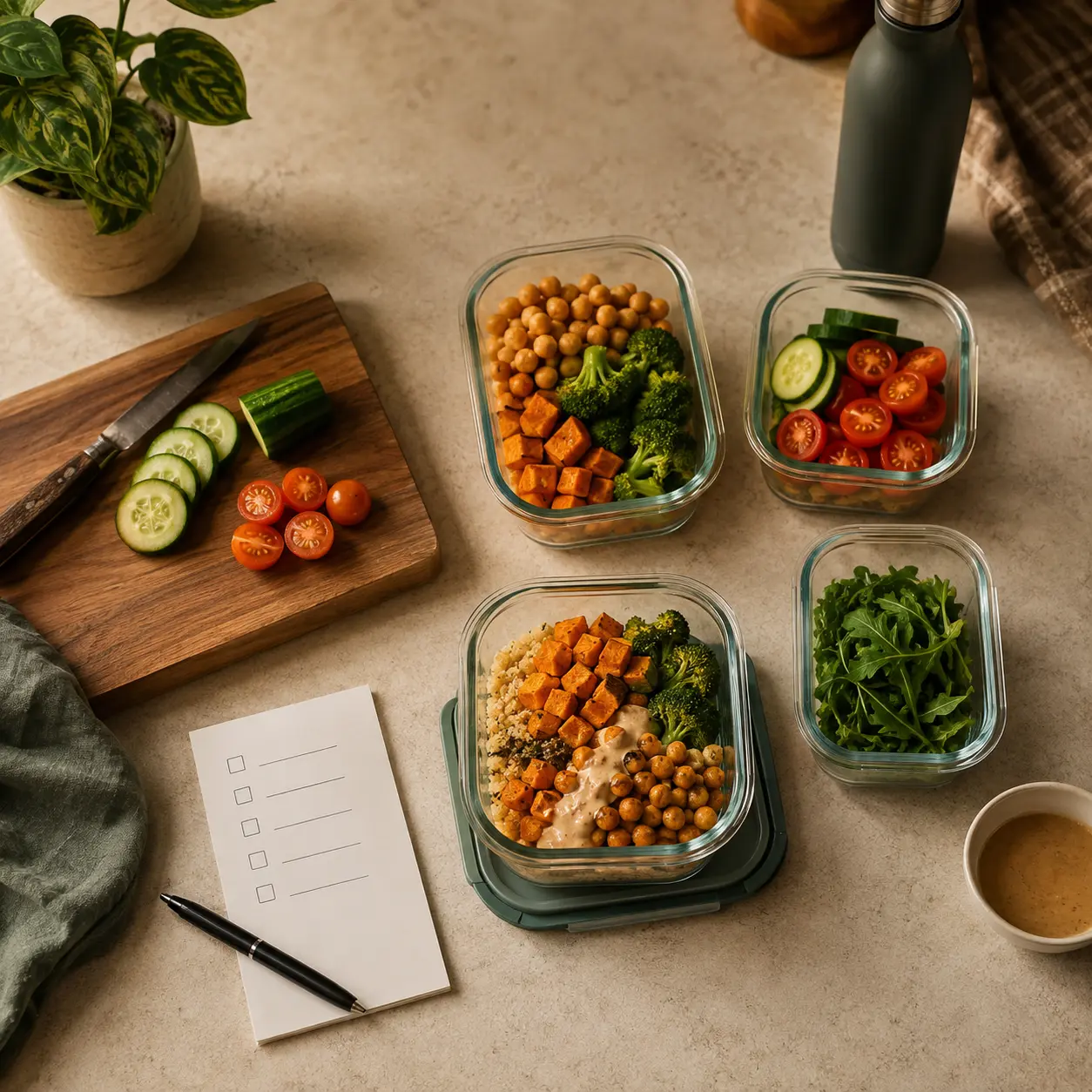 Chopped vegetables, prep containers and a checklist on a kitchen counter